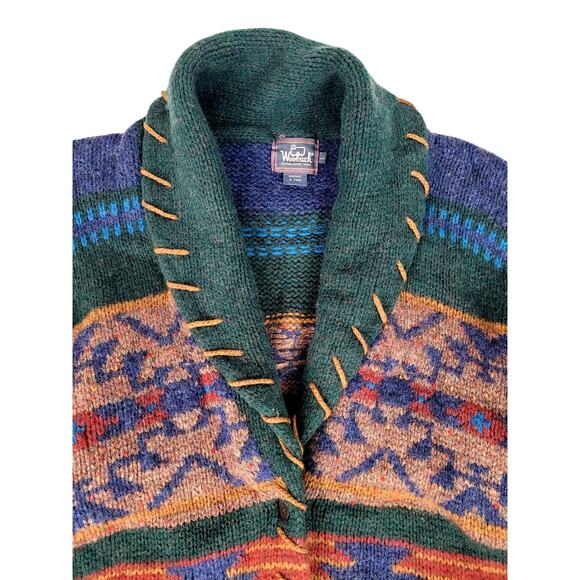 VTG 90s Woolrich Sweater Aztec Design Shawl Collar Cardigan Men's Sz L - Picture 3 of 8